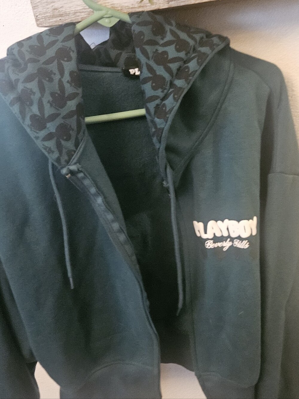 PLAYBOY Dark Green Zip-Up Hoodie with Bunny Print Hood